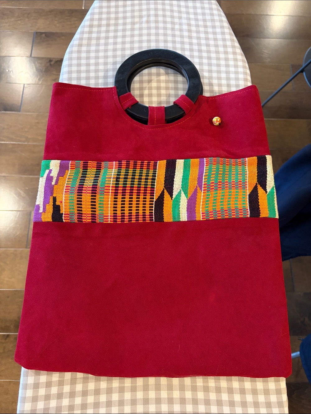 Handheld Red Suede Tote with Kente Accent